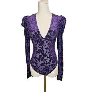 NEW Free People X-Small Purple Velvet Bodysuit V-Neck Deep Sea Combo Puff Sleeve